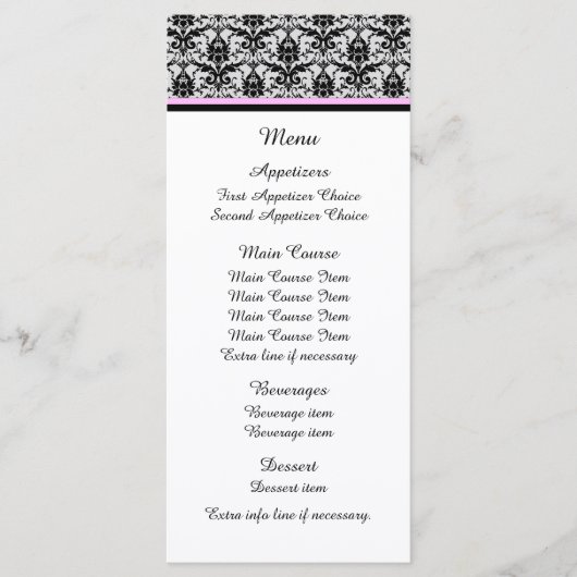 Menu Mariage noir Damask rose (Devant)
