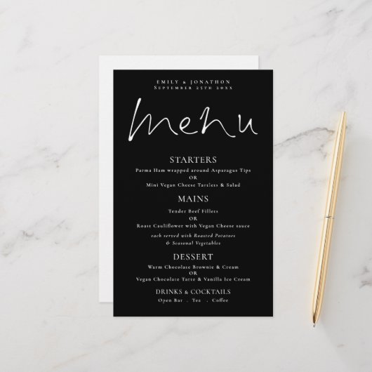 Menu Mariage noir de script blanc à budget élégant (Devant/Arrière en situation)