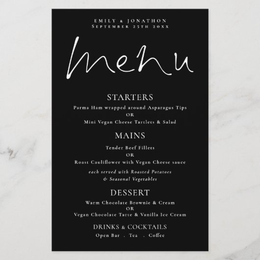 Menu Mariage noir de script blanc à budget élégant (Devant)