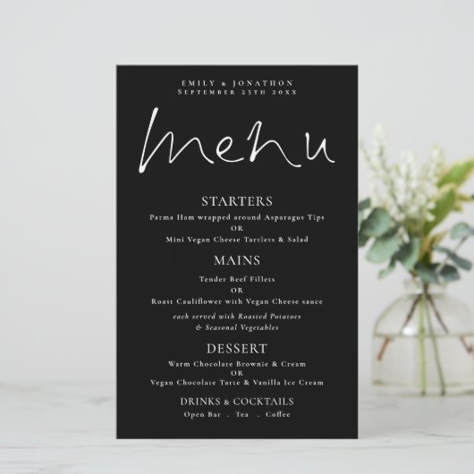 Menu Mariage noir de script blanc à budget élégant (Debout devant)