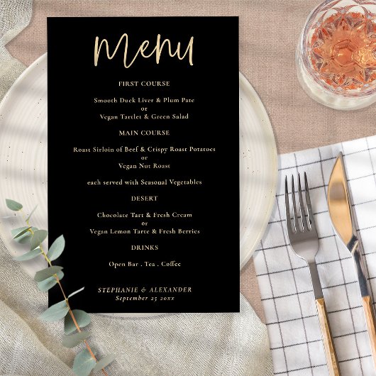 Menu Mariage noir de script or élégant pour budget