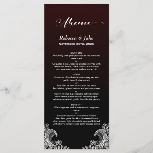 Menu Mariage noir dentelle blanche et bordeaux (Devant)