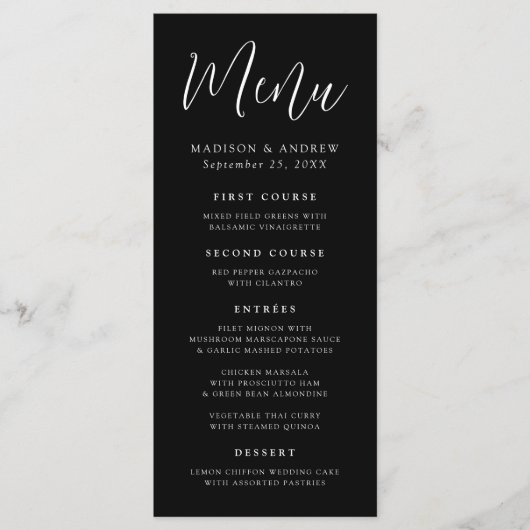 Menu Mariage noir et blanc de script simple (Devant)