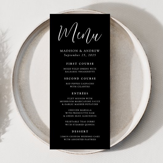 Menu Mariage noir et blanc de script simple