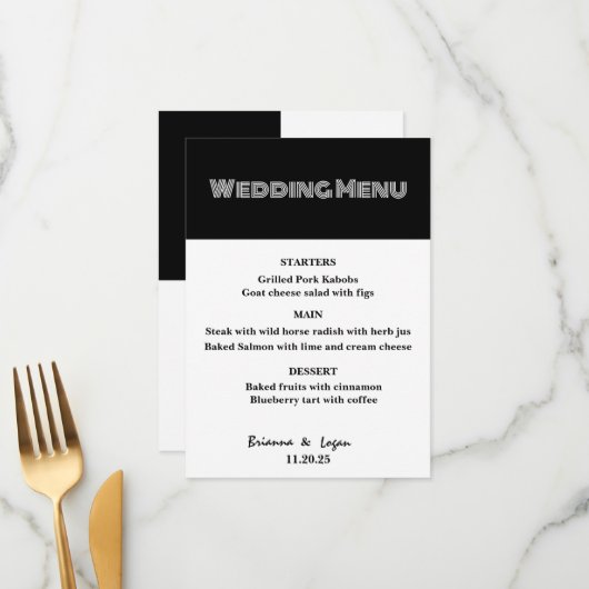 Menu Mariage noir et blanc élégant (Devant/Arrière en situation)