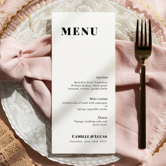 Menu Mariage noir et blanc minimaliste et élégant
