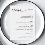 Menu Mariage noir et blanc minimaliste | Script moderne<br><div class="desc">Ce menu minimaliste mariage est composé d'un arrière - plan blanc épuré avec un script noir moderne pour la tête et de polices sans serif croquantes pour les détails du repas. Disposant de chaque parcours dans un agencement clair et élégant, cette carte ajoute une touche de style à toute table...</div>