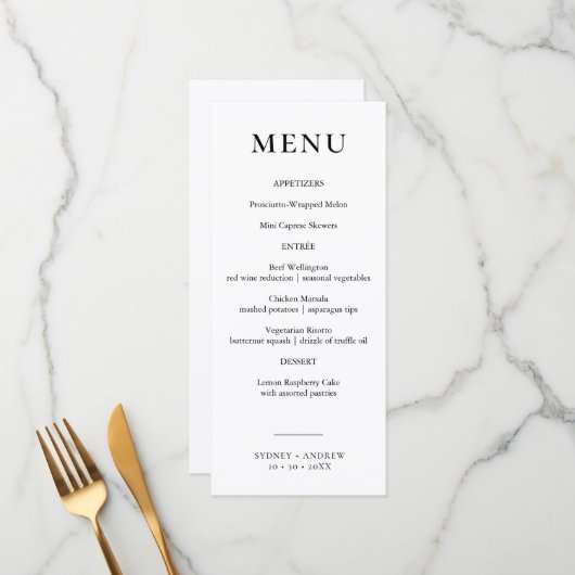 Menu Mariage noir et blanc moderne (Devant/Arrière en situation)