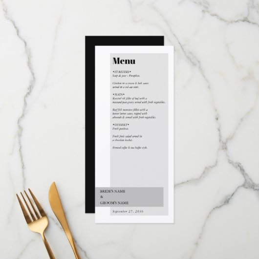 Menu Mariage noir et blanc moderne (Devant/Arrière en situation)