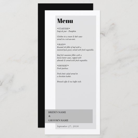 Menu Mariage noir et blanc moderne (Devant / Derrière)