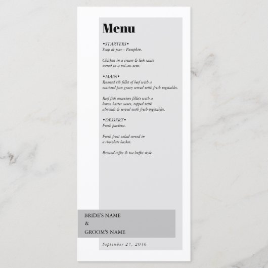 Menu Mariage noir et blanc moderne (Devant)
