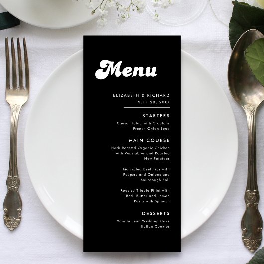 Menu Mariage noir et blanc rétro élégant