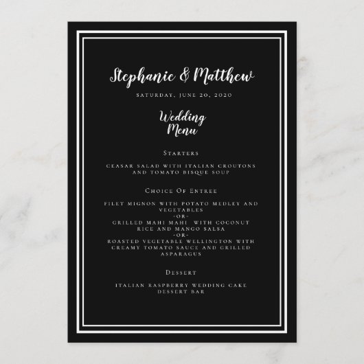 Menu Mariage noir et blanc Simple Cadre Chic (Devant)