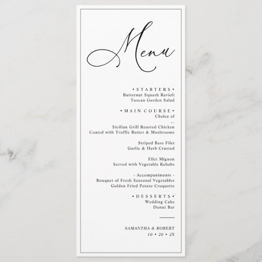 Menu Mariage noir et blanc simple et élégant (Devant)