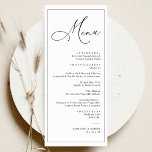 Menu Mariage noir et blanc simple et élégant<br><div class="desc">Conçue pour coordonner avec notre collection de mariages de script romantique,  cette carte Menu personnalisable,  dispose d'un texte de calligraphie de script balayé avec une police serif classe en noir avec un monogramme personnalisable sur le dos. Éléments correspondants disponibles.</div>