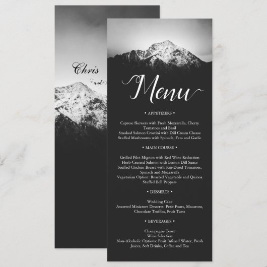 Menu Mariage noir et blanc sous les montagnes (Devant / Derrière)
