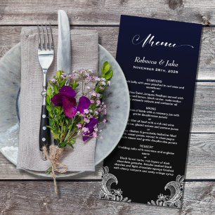 Menu Mariage noir et bleu dentelle blanche