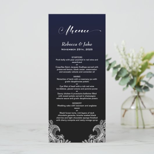 Menu Mariage noir et bleu dentelle blanche (Debout devant)