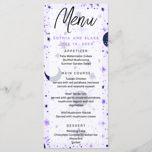 Menu Mariage noir et violet céleste Sun Moon Stars (Devant)