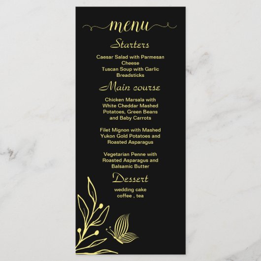 Menu Mariage noir fleur d'or simple (Devant)