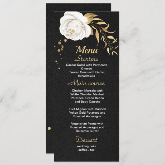 menu mariage noir floral or blanc (Devant / Derrière)