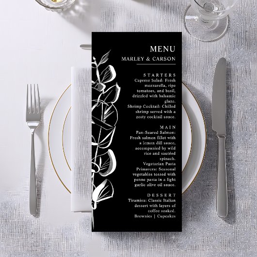 Menu Mariage noir lisse Eucalyptus tiré à la main