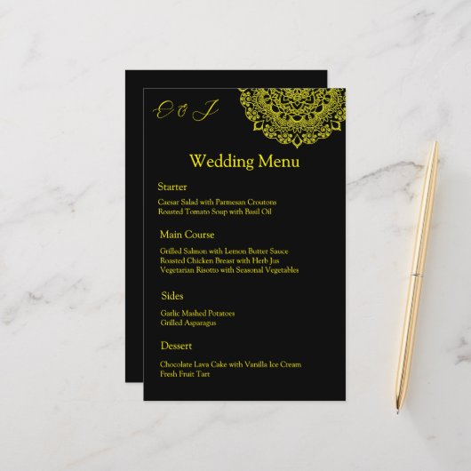 Menu mariage noir mandala or (Devant/Arrière en situation)