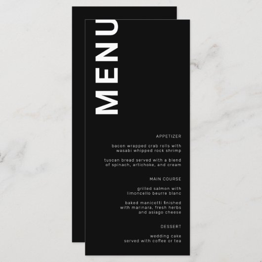 Menu Mariage noir minimum de lettres en gras (Devant / Derrière)