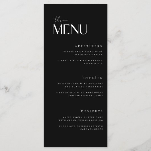Menu Mariage noir moderne en gras (Devant)