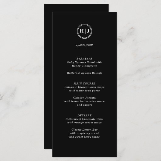 Menu Mariage noir Monogramme moderne (Devant / Derrière)