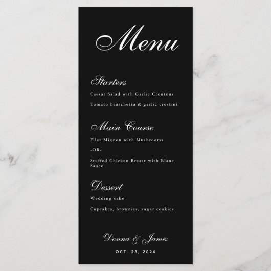 Menu Mariage noir simple écriture calligraphique blanch (Devant)