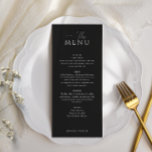 Menu Mariage noir simple et élégant<br><div class="desc">Améliorez votre expérience culinaire grâce à la carte à menu noir simple et élégante. Alignées sur le thème du mariage,  ces cartes présentent un arrière - plan noir,  des lettres serif classiques et des noms personnalisés,  ce qui apporte un ajout élégant aux paramètres de votre table.</div>