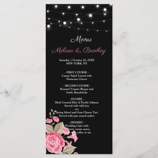 Menu Mariage noir Whimsical String Lights (Devant)