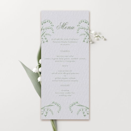 Menu Mariage officiel de Lily Valley Faux inscrit vert