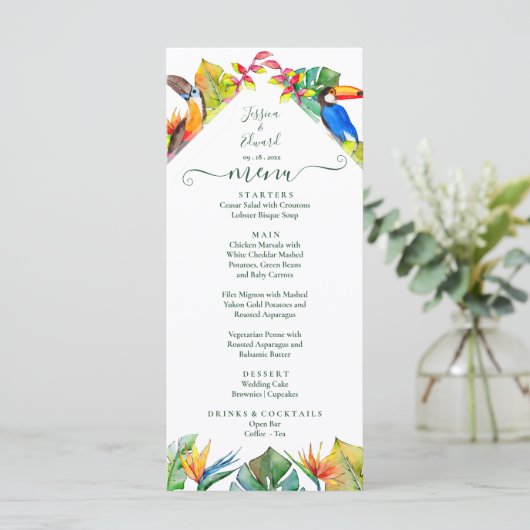 Menu Mariage Oiseaux floraux hawaïens tropicaux (Debout devant)