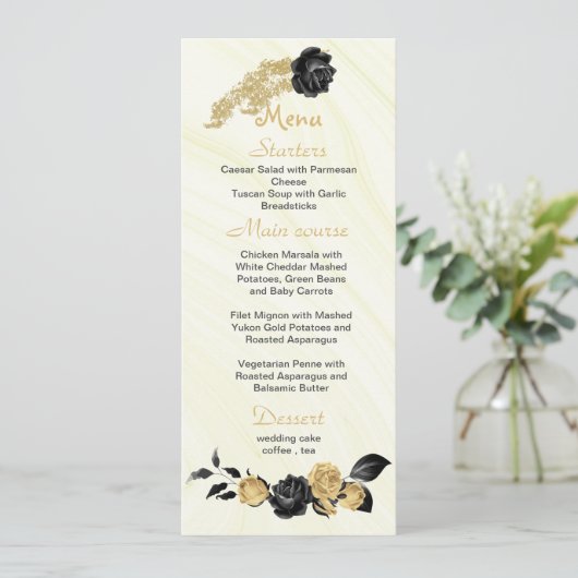 Menu mariage or & fleurs noires (Debout devant)