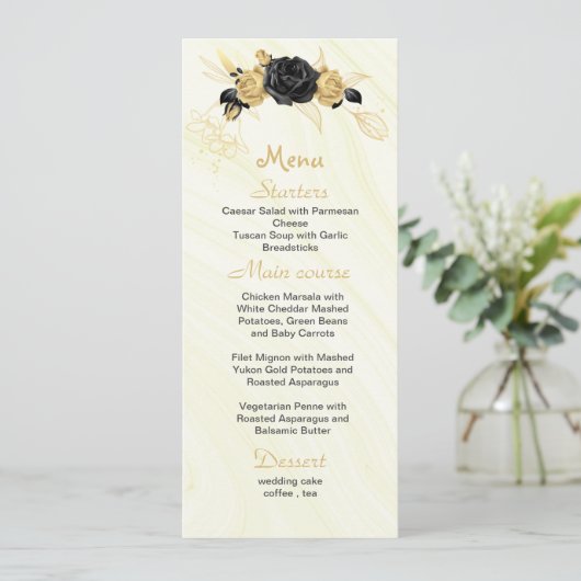 Menu mariage or & fleurs noires (Debout devant)
