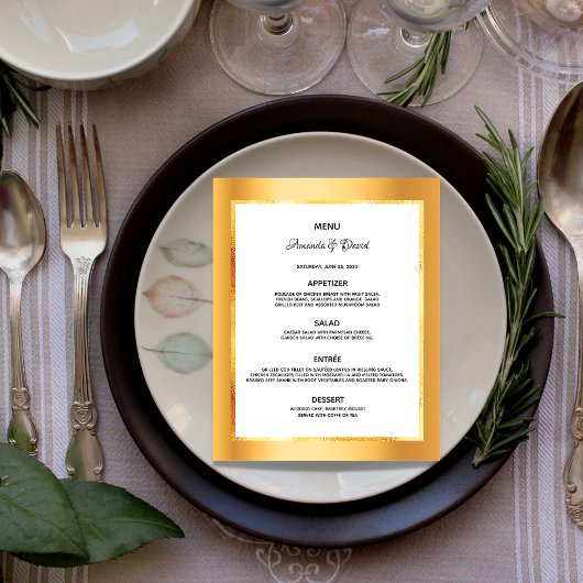 Menu mariage or métal blanc glam élégant