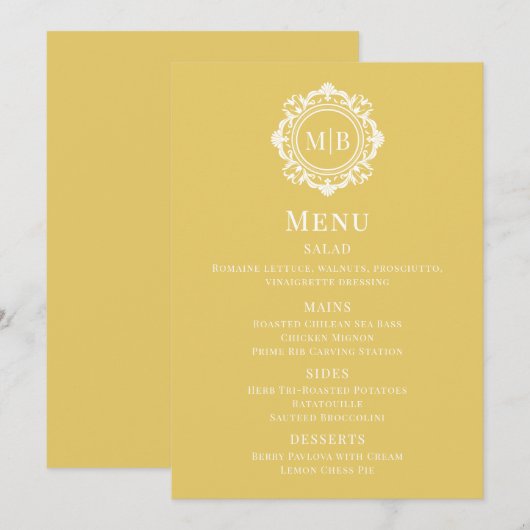 Menu Mariage or Monogramme Floral Orné (Devant / Derrière)