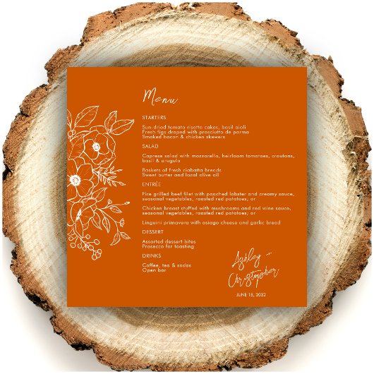 Menu Mariage orange brulé végétal minimal