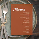 Menu Mariage orange rétro élégant<br><div class="desc">Un thème rétro chic : adoptez ce design typographique légèrement vintage et élégant pour votre papeterie mariage,  avec un thème orange brûlé,  terre cuite,  sucre brun et rose pêche. Texte,  couleurs et arrière - plans entièrement personnalisables.</div>