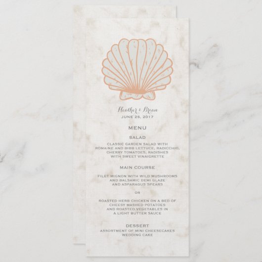 Menu Mariage Orange Rustique Seashell (Devant / Derrière)