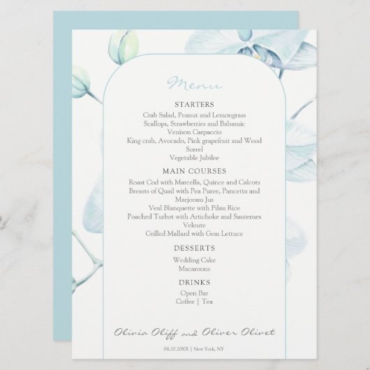 Menu Mariage Orchidée bleue douce (Devant / Derrière)