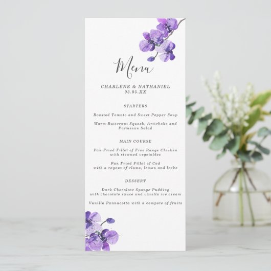 Menu Mariage orchidée violet aquarelle (Debout devant)