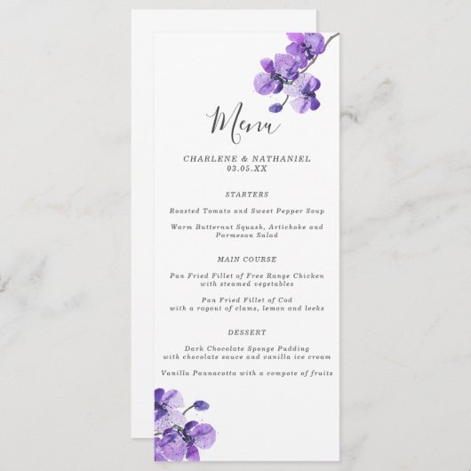 Menu Mariage orchidée violet aquarelle (Devant / Derrière)