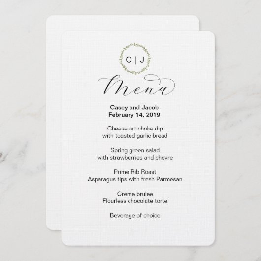 Menu Mariage ou Événement Initiales Monogrammes (Devant / Derrière)