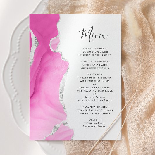 Menu Mariage Paillettes Rose Agate Géode Argent