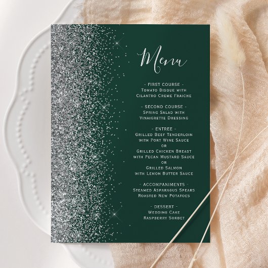 Menu Mariage Paillettes Vert Émeraude Foncé Argent