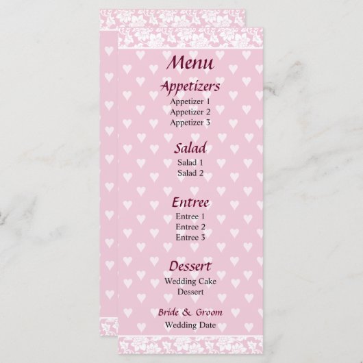 Menu Mariage Pale Pink Hearts (Devant / Derrière)