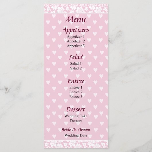 Menu Mariage Pale Pink Hearts (Devant)